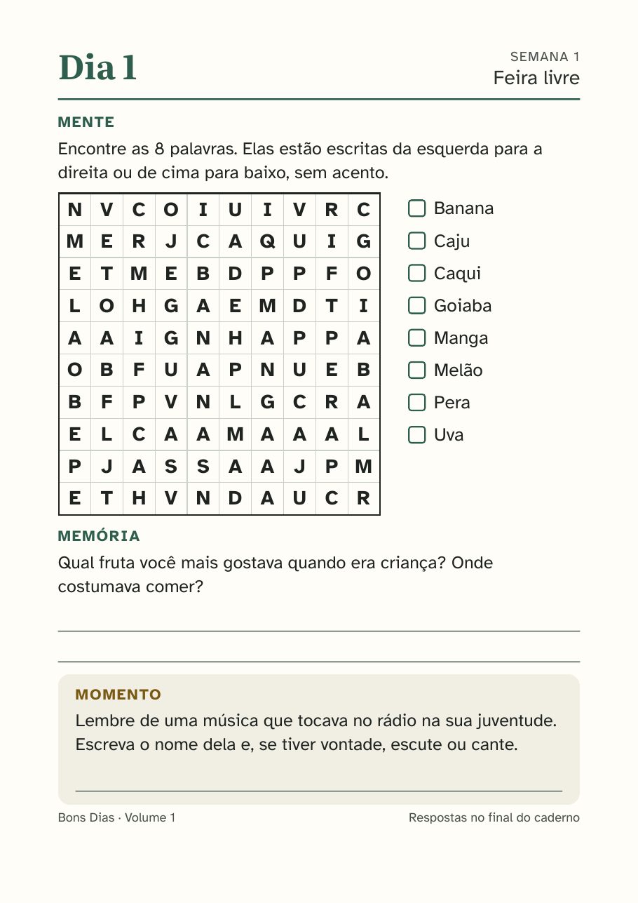 Página do Dia 1 com caça-palavras de frutas, pergunta de memória e momento do dia