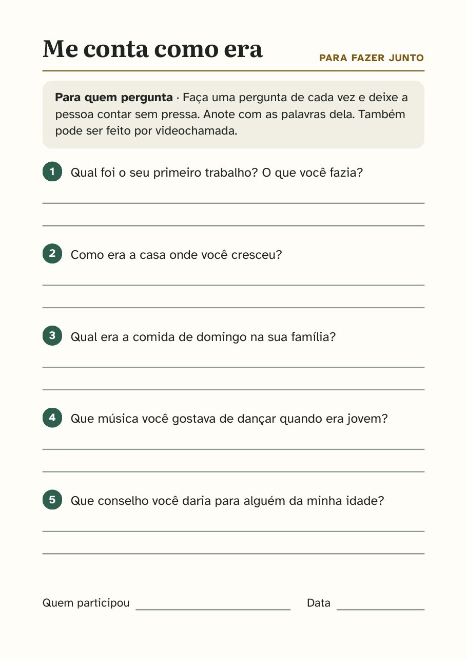 Página Me conta como era, atividade para fazer junto com cinco perguntas