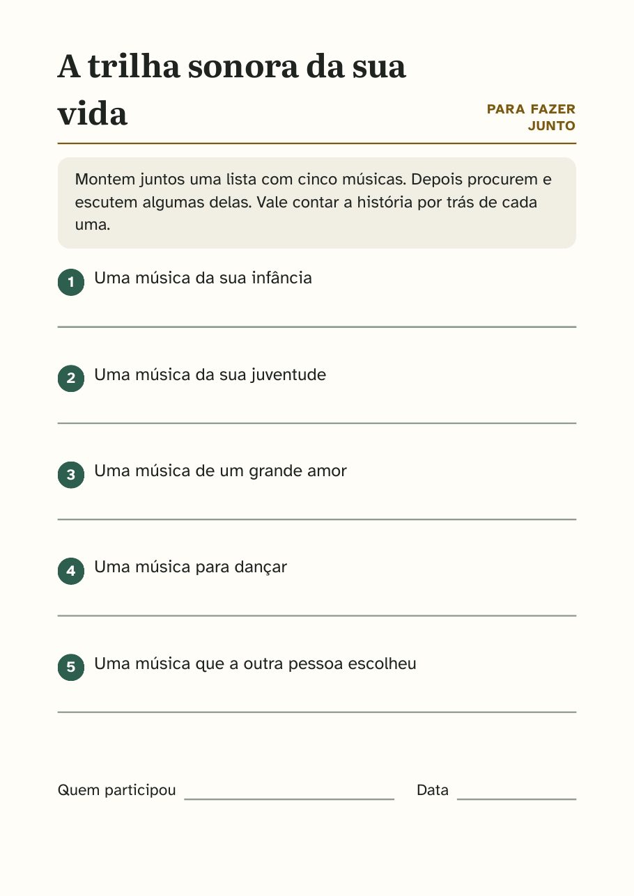 Página A trilha sonora da sua vida, com espaços para escrever músicas marcantes
